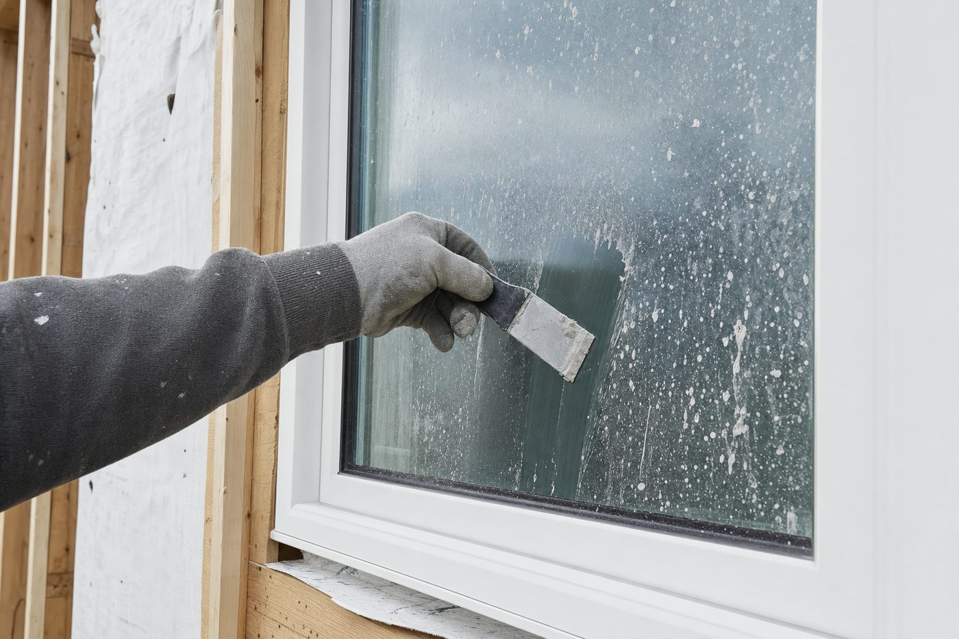 A gloved hand drawing a razor scraper across a newly installed window speckled with dried paint, leaving a clear streak behind it